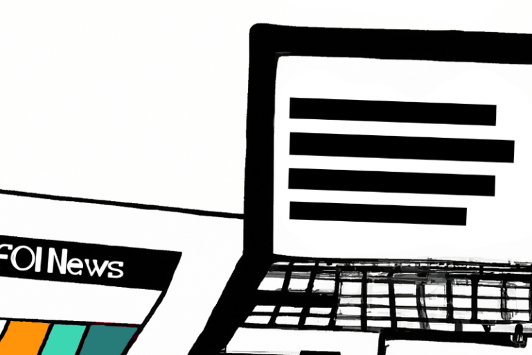 A drawing of a laptop showing blacked out text next to a newspaper headlined FOI news