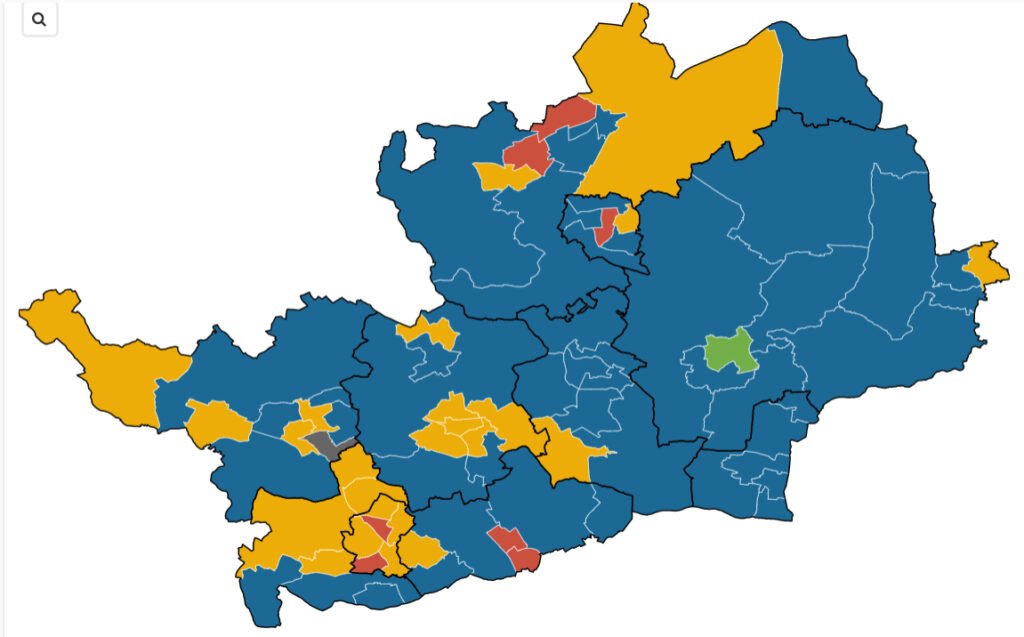A complete map of a council area with wards filled in in the winning party colours.